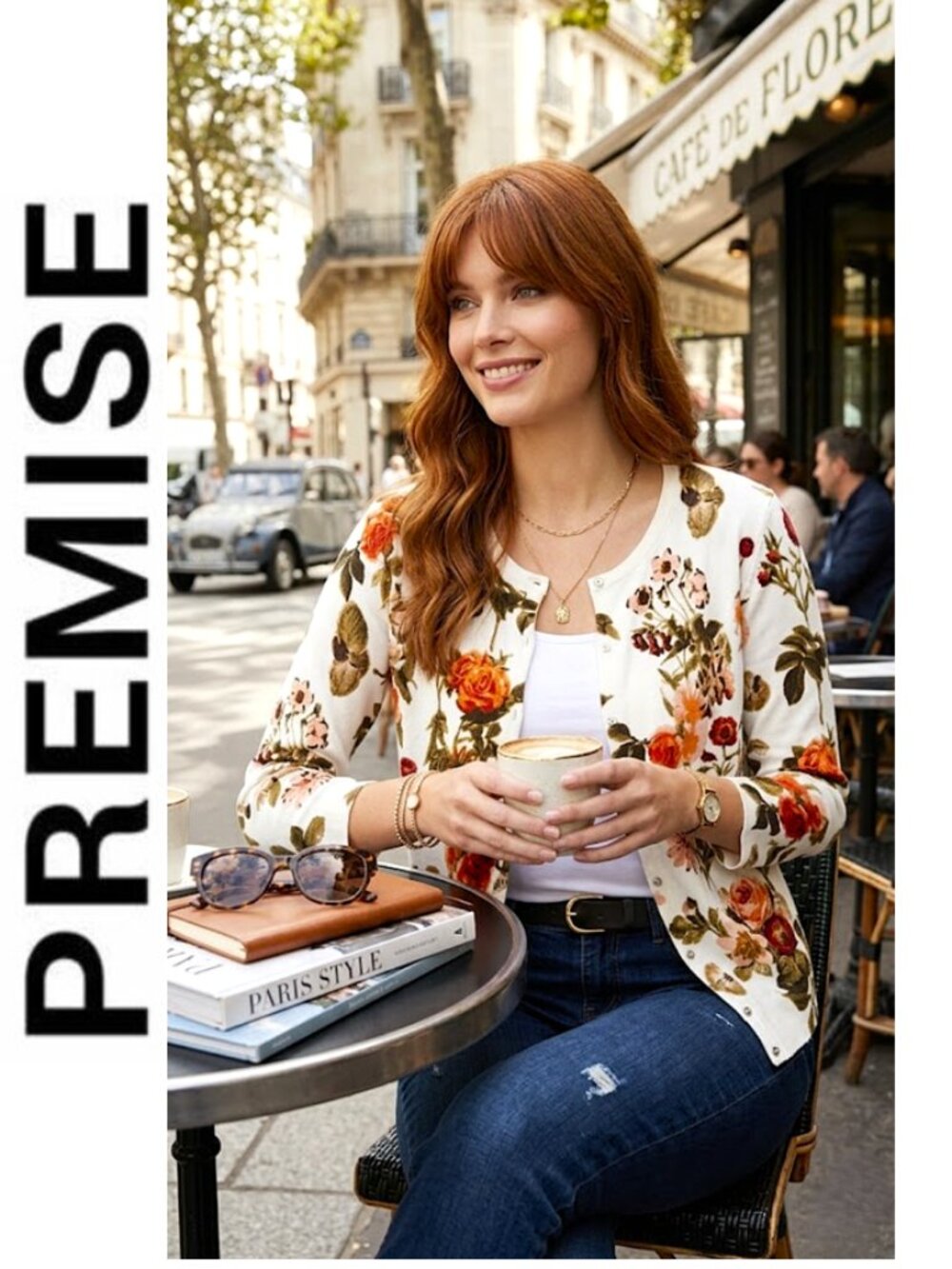 (3 for $30) PREMISE- White cardigan with beautiful Fall floral print
